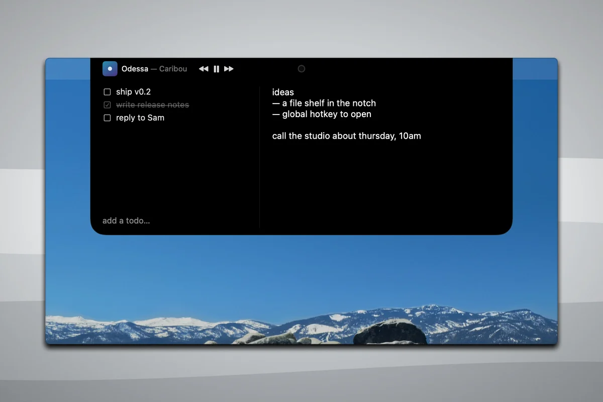 Notch — The panel, pinned open